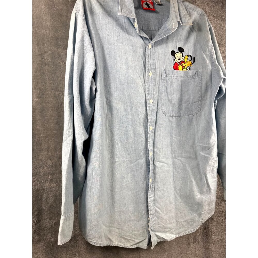 Mickey Inc. Vintage Shirt XL Denim Button-Up Shirt With Mickey & Pluto Embroider - Picture 4 of 12